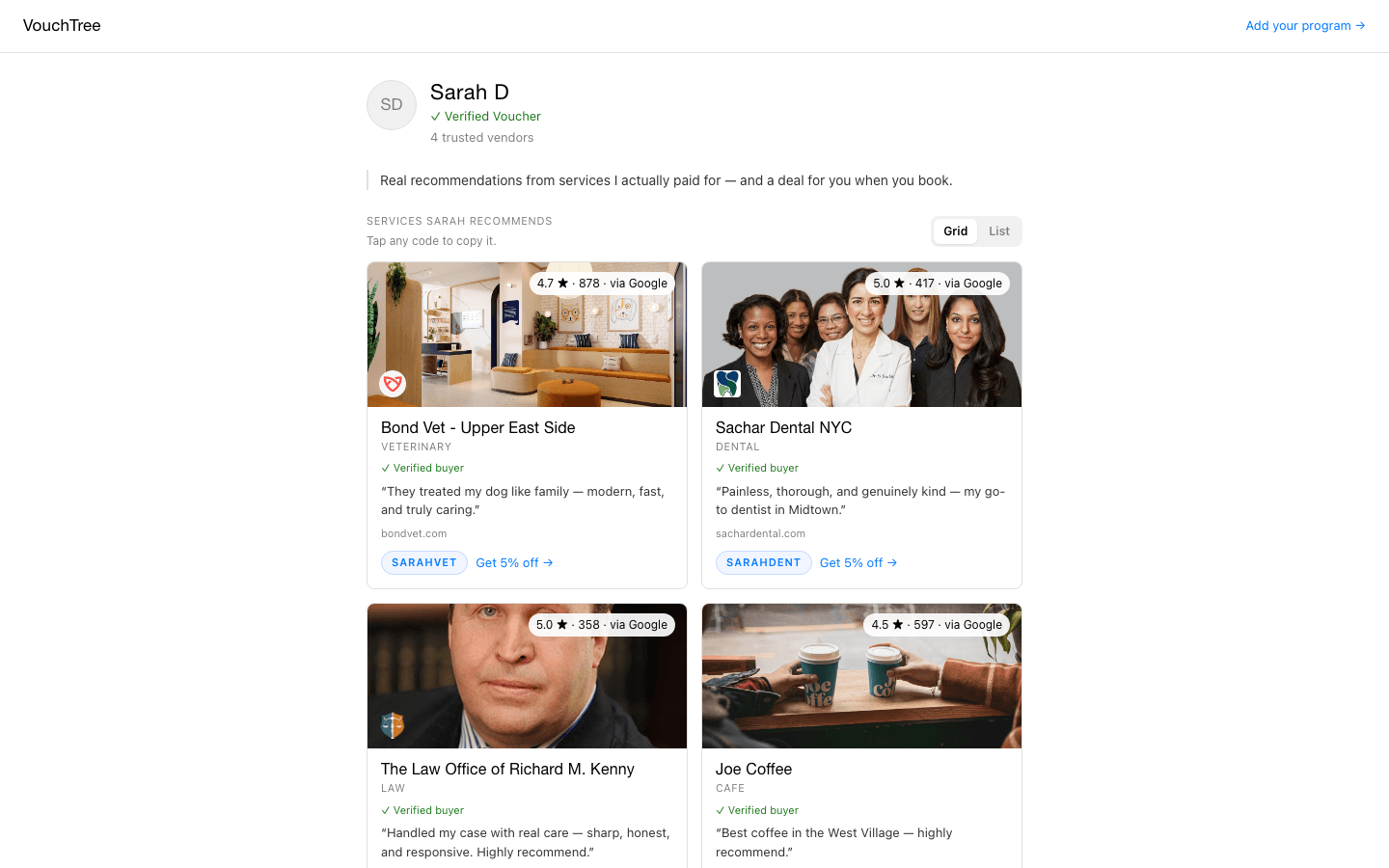 A VouchTree public profile with verified recommendations