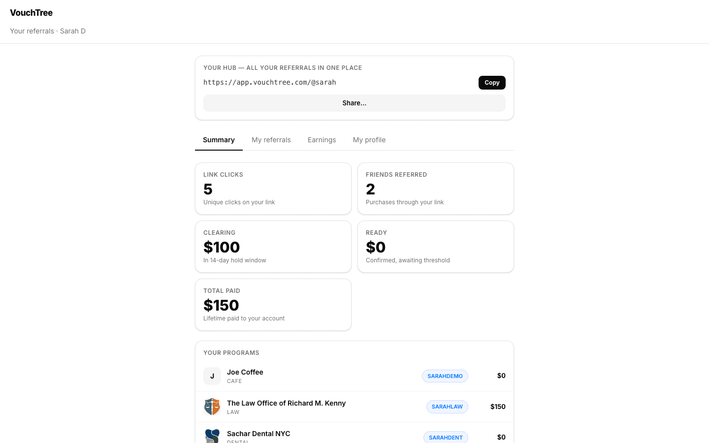 Earnings dashboard showing referral commissions paid out automatically